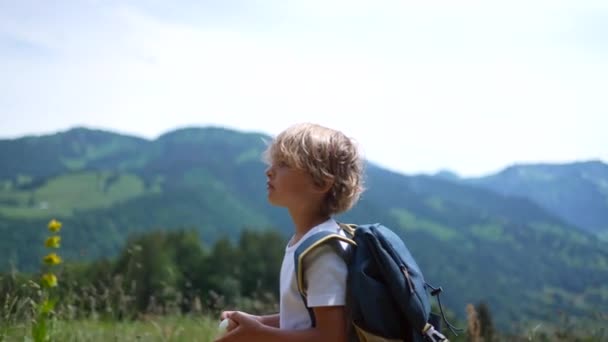 Düşünceli Bir Çocuk Dışarıda Doğa Yürüyüşü Yapıyor — Stok video