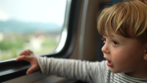 Молодий Маленький Хлопчик Подорожує Поїздом Дивлячись Вікно — стокове відео