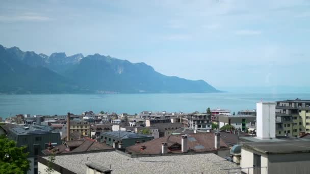 Vacker Utsikt Över Schweiziska Berg Montreux Lake Geneva — Stockvideo