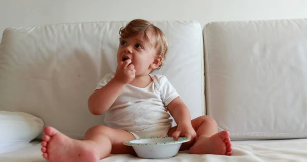 Adorable Baby Sitting Couch Sweet Cute Infant Toddler Eating Desert — Stock Photo, Image