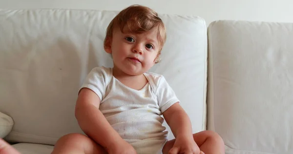 Adorable Baby Sitting Couch Sweet Cute Infant Toddler Eating Desert —  Fotos de Stock