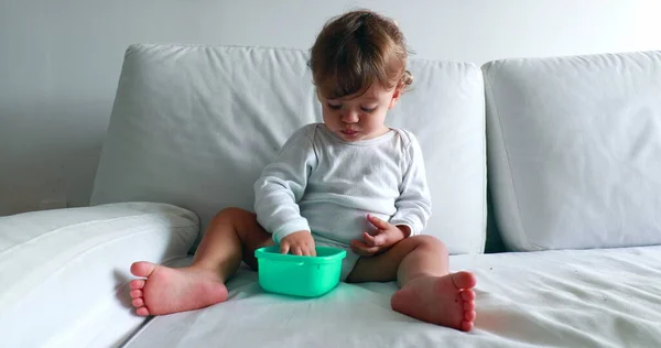 Baby Finishing Bowl Food Sitting Couch Cute One Year Old — Stok fotoğraf