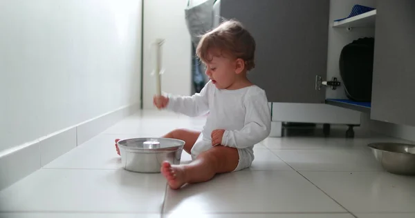 Baby Boy Hitting Metal Kitchen Utensil Floor One Year Old — 스톡 사진