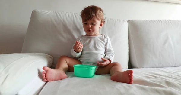 Baby Eating Afternoon Snack Couch Calm One Year Old Toddler — 图库照片