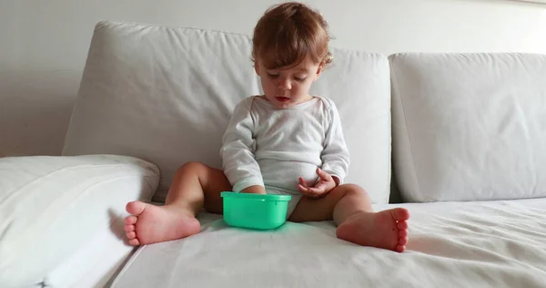 Baby Eating Afternoon Snack Couch Calm One Year Old Toddler — стоковое фото