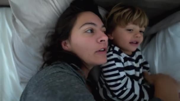 Mother Baby Toddler Love Affection Morning Bed Together — Stock Video
