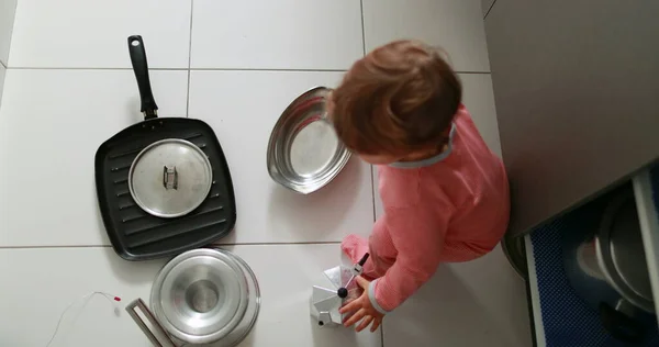 Baby Playing Pans Pots Kitchen Floor One Year Old Plays — стоковое фото