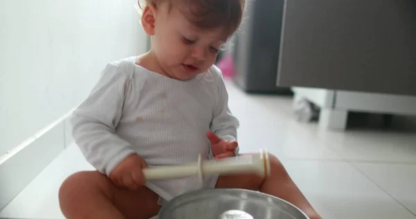 Baby Floor Playing Kitchen Utensils One Year Old Toddler Drumming — Photo