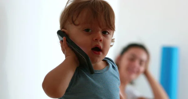 Baby Talking Phone Infant Cellphone Ear Toddler Giving Smartphone Mom — Zdjęcie stockowe
