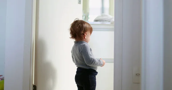 Baby Standing Home Bathroom One Year Toddler Stands Observing — стоковое фото