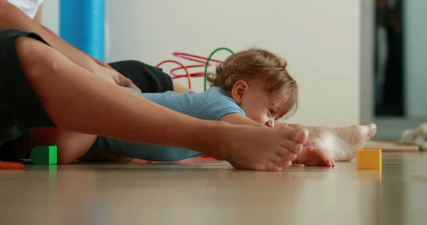 Candid Mother Pulling Baby Infant Child Mom Playing Together Floor — Stockfoto