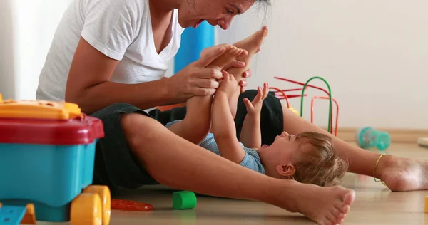 Candid Mother Playing Peekaboo Infant Child Baby Legs Toddler Parent — Photo