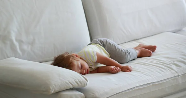 Candid Baby Sleeping Sofa Afternoon Nap Cute Infant Toddler Asleep — Stock Photo, Image