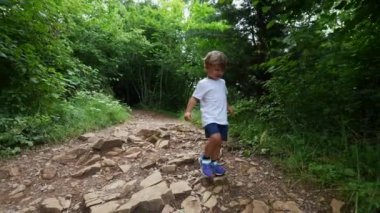 Aktif küçük bir çocuk annesiyle birlikte ormanda yürüyüş yapıyor.