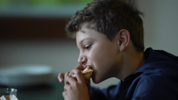 Child Eating Morning Breakfast Kid Eats Bread — Stock videók
