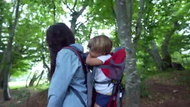 Mãe Carregando Filho Mochila Transportadora Mãe Caminhadas Com Criança Natureza — Vídeo de Stock