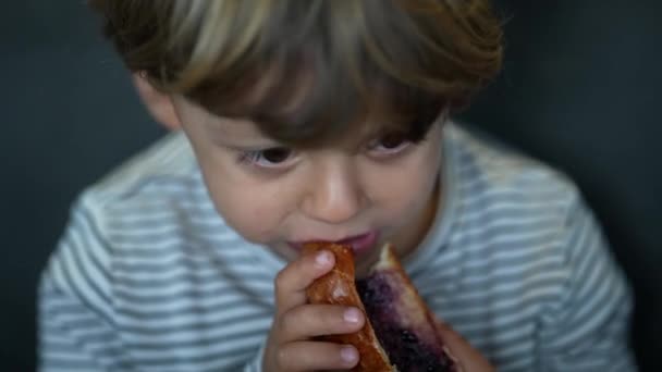 Child Eating Morning Bread Jelly Breakfast — Stock videók