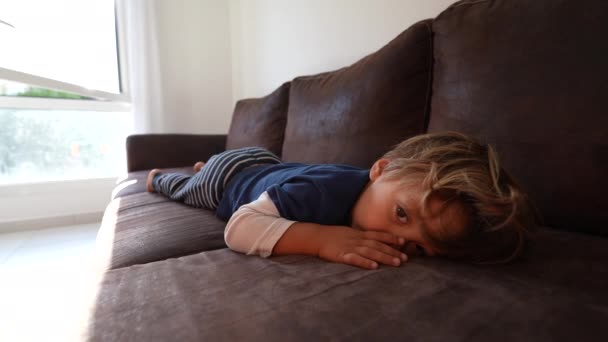 Ein Kleiner Junge Liegt Auf Dem Sofa Während Ein Kind — Stockvideo