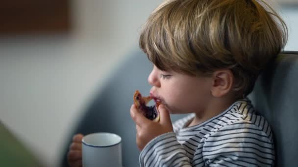 Toddler Eating Bread Jelly Drinking Mug Breakfast — 图库视频影像