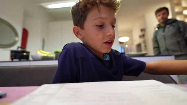 Child Asking Father Help Homework Dad Giving Advice Exam Preparation — Stockvideo
