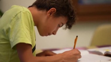 Adolescent kid doing homework studying at home, young boy studies