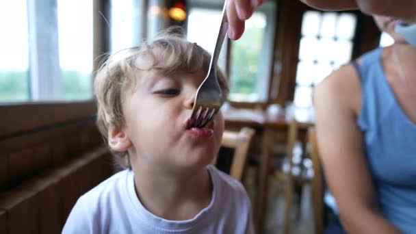 Mutter Füttert Kleinen Jungen Mit Essen Eltern Füttern Kind Restaurant — Stockvideo