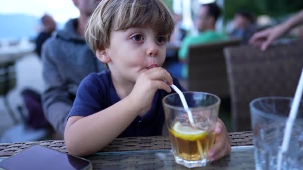 Child Drinking Straw Juice — Vídeos de Stock