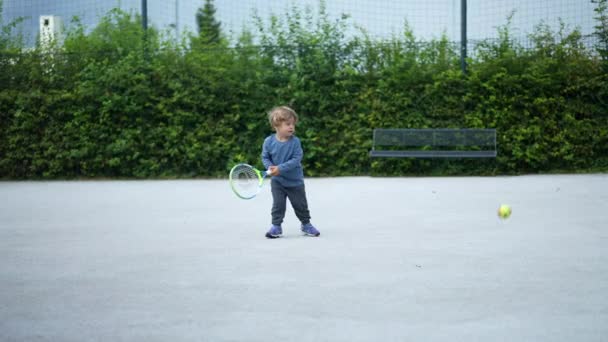Ένα Μικρό Παιδί Παίζει Τένις Έξω Παιδί Χτυπάει Μπάλα Ρακέτα — Αρχείο Βίντεο