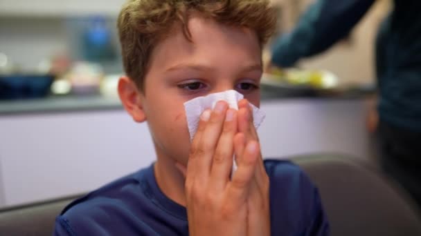 Young Boy Blowing Nose Napkin Child Nose Blowing — Stock video