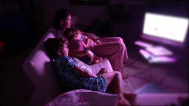 Children Mother Watching Television Screen Night — Stock Video