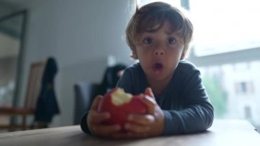 Elma meyvesinden bir ısırık alan çocuk sağlıklı şeyler yer.