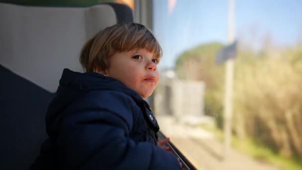 Kind Auf Zugfahrt Lehnt Sich Fenster — Stockvideo