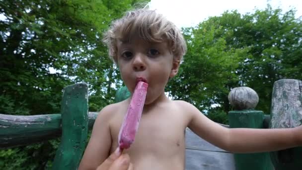Criança Pequena Comendo Sorvete Durante Dia Quente Verão — Vídeo de Stock