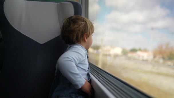Trenle Seyahat Eden Çocuk Pencereden Dışarı Bakan Küçük Çocuk Geçen — Stok video