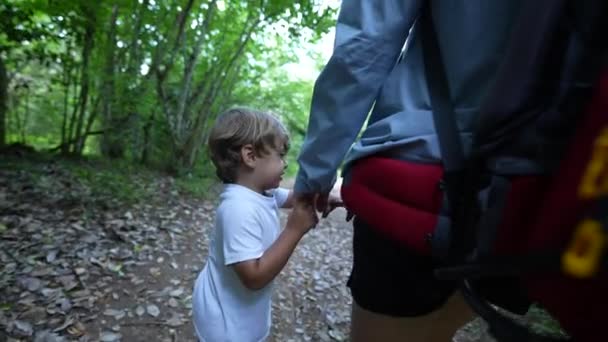 Child Holding Mother Hand While Hiking Parent Kid Bonding While — Stock Video