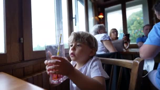 Barndryck Med Halm Restaurang Liten Pojke Dricker Juice Måltiden — Stockvideo