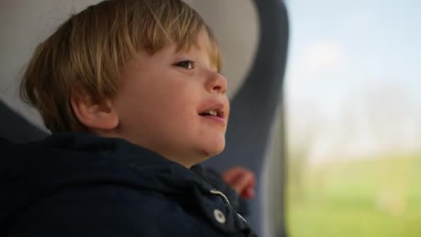 Ευτυχισμένο Μικρό Αγόρι Τρένο Επιβάτη Κοιτάζοντας Από Παράθυρο — Αρχείο Βίντεο