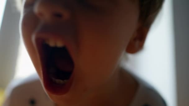 Criança Gritando Com Câmera Criança Gritando Boca Close — Vídeo de Stock