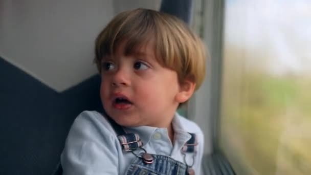 Παιδί Ταξιδεύει Τρένο Κοιτάζοντας Έξω Από Παράθυρο Καλλιτεχνικό Κλιπ Του — Αρχείο Βίντεο