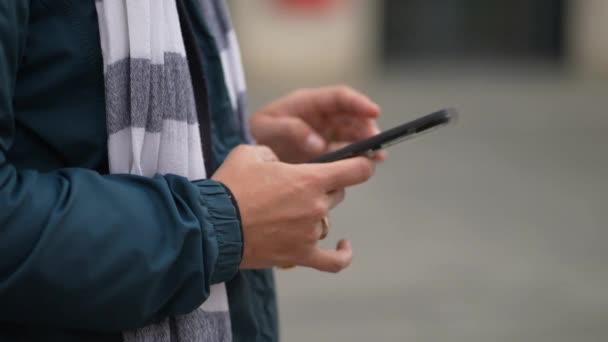 Hand Using Cellphone Close Person Using Touch Screen Smartphone — Stock Video