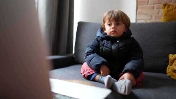 Barnet Tittar Tecknad Film Framför Bärbar Skärm Sittande Soffa Inomhus — Stockvideo