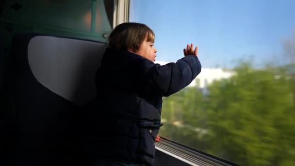 Μικρό Αγόρι Κοιτάζει Τοπίο Ταξιδεύοντας Τρένο Ακουμπισμένο Στο Παράθυρο — Αρχείο Βίντεο