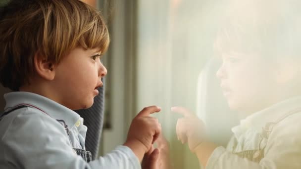 小男孩乘火车旅行 透过窗户往外看 — 图库视频影像