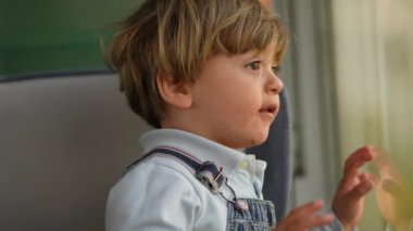 Bir yaşında, trenle seyahat eden bir bebek pencereye yaslanmış manzaraya bakıyor.