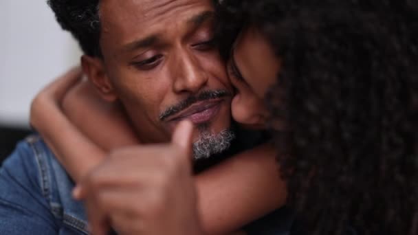 Preteen Kid Kissing Dad Cheek Embracing Lifting Parent Mood — Stock Video