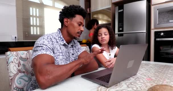 African Father Teaching Daughter Child Use Laptop Computer — Stock Video