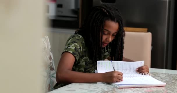 Adolescent Black Girl Studying Home Writing Notebook Child Writing Notes — Stock Video