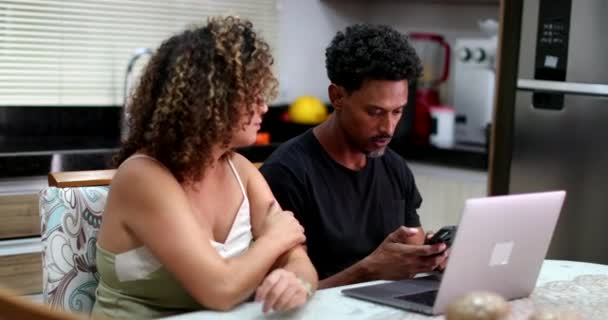 Candid Black Couple Doing Money Budget Together Front Computer Laptop — Stock Video