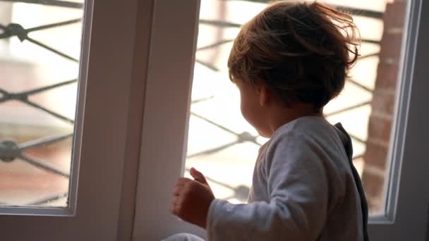 Kleiner Junge Sitzt Fenster Und Schaut Hinaus Kind Sitzt Morgen — Stockvideo