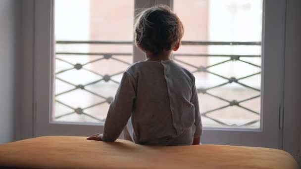 Petit Garçon Assis Par Fenêtre Regardant Par Fenêtre Enfant Assis — Video
